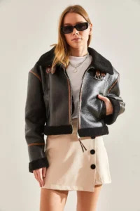 Bianco Lucci Women's Collar Arched Laminated Jacket 2289 - Image 5