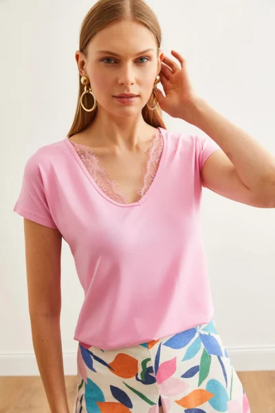Olalook Women's Candy Pink Collar Lace Loose Viscose Blouse