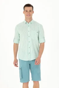 US Polo Shirt Assn. Men Green Striped WHITE Shirt