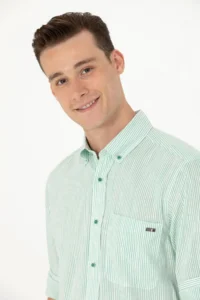 US Polo Shirt Assn. Men Green Striped WHITE Shirt - Image 2