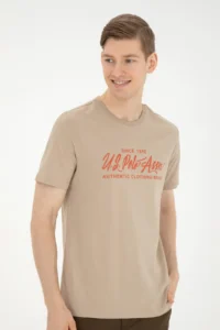 US Polo Shirt Assn. Men Regular Fit Crew Neck Light Khaki T-Shirt - Image 3