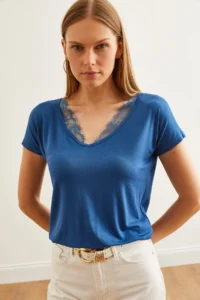 Olalook Women's Indigo Collar Lace Loose Viscose Blouse - Image 6