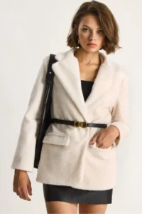 Bianco Lucci Women's Pocket Detailed Lined Belted Plush Textured Blazer Jacket 2761