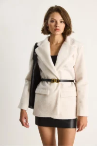 Bianco Lucci Women's Pocket Detailed Lined Belted Plush Textured Blazer Jacket 2761 - Image 2