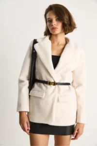 Bianco Lucci Women's Pocket Detailed Lined Belted Plush Textured Blazer Jacket 2761 - Image 4