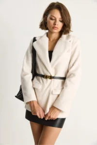 Bianco Lucci Women's Pocket Detailed Lined Belted Plush Textured Blazer Jacket 2761 - Image 5