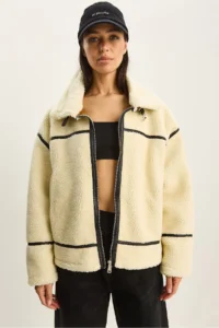 Bianco Lucci Women's Faux Leather Piping Detailed Pocket Teddy Biker Jacket 2370