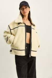 Bianco Lucci Women's Faux Leather Piping Detailed Pocket Teddy Biker Jacket 2370 - Image 2