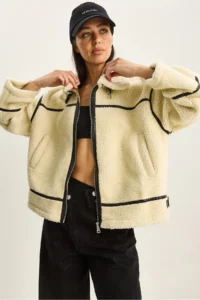 Bianco Lucci Women's Faux Leather Piping Detailed Pocket Teddy Biker Jacket 2370 - Image 4