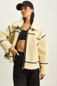 Bianco Lucci Women's Faux Leather Piping Detailed Pocket Teddy Biker Jacket 2370 - Image 5