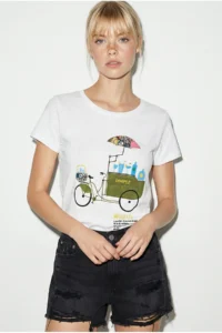 Bianco Lucci Women's 100% Cotton Handcrafted Embroidered Bicycle Printed Premium Design T-Shirt 1002 - Image 4