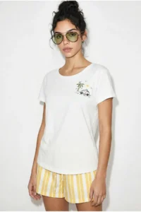 Bianco Lucci Women's 100% Cotton Handcrafted Summer Premium Design T-Shirt with Embroidery Detail 1001
