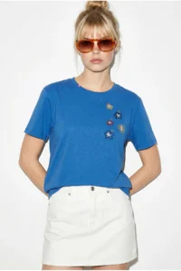 Bianco Lucci Women's 100% Cotton Handcrafted Floral Embroidery Detailed Premium Design T-Shirt 1005