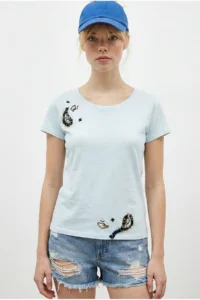 Bianco Lucci Women's 100% Cotton Handcrafted Embroidery Detailed Premium Design T-Shirt 1006