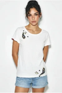 Bianco Lucci Women's 100% Cotton Handcrafted Embroidery Detailed Premium Design T-Shirt 1006