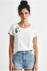 Bianco Lucci Women's 100% Cotton Handcrafted Embroidery Detailed Premium Design T-Shirt 1006 - Image 2