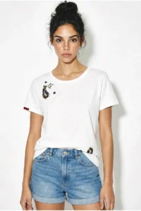 Bianco Lucci Women's 100% Cotton Handcrafted Embroidery Detailed Premium Design T-Shirt 1006 - Image 3