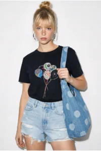 Bianco Lucci Women's 100% Cotton Handcrafted Balloon Embroidery Detailed Premium Design T-Shirt 1007