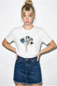 Bianco Lucci Women's 100% Cotton Handcrafted Balloon Embroidery Detailed Premium Design T-Shirt 1007
