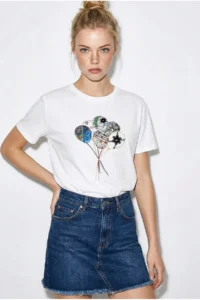 Bianco Lucci Women's 100% Cotton Handcrafted Balloon Embroidery Detailed Premium Design T-Shirt 1007 - Image 2