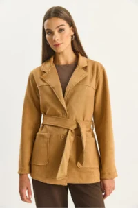 Bianco Lucci Women Pocket Detail Belted Suede Jacket - Image 6
