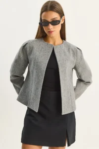 Bianco Lucci Women's O Neck Open Front Self-Textured Lined Jacket 0488