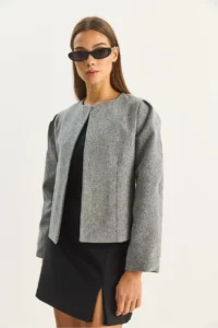Bianco Lucci Women's O Neck Open Front Self-Textured Lined Jacket 0488 - Image 2