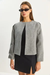 Bianco Lucci Women's O Neck Open Front Self-Textured Lined Jacket 0488 - Image 4