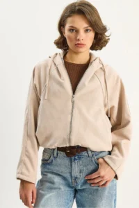 Bianco Lucci Women's Hooded Zippered Pocket Detailed Lined Suede Bomber Jacket 6912