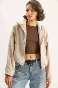 Bianco Lucci Women's Hooded Zippered Pocket Detailed Lined Suede Bomber Jacket 6912 - Image 2