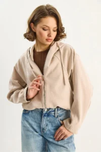 Bianco Lucci Women's Hooded Zippered Pocket Detailed Lined Suede Bomber Jacket 6912 - Image 3