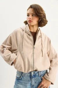 Bianco Lucci Women's Hooded Zippered Pocket Detailed Lined Suede Bomber Jacket 6912 - Image 4