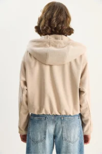 Bianco Lucci Women's Hooded Zippered Pocket Detailed Lined Suede Bomber Jacket 6912 - Image 6
