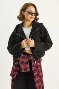 Bianco Lucci Women's Hooded Zippered Pocket Detailed Lined Suede Bomber Jacket 6912 - Image 3