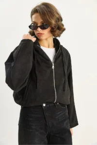 Bianco Lucci Women's Hooded Zippered Pocket Detailed Lined Suede Bomber Jacket 6912 - Image 6