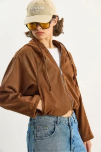 Bianco Lucci Women's Hooded Zippered Pocket Detailed Lined Suede Bomber Jacket 6912