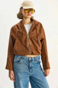Bianco Lucci Women's Hooded Zippered Pocket Detailed Lined Suede Bomber Jacket 6912 - Image 2