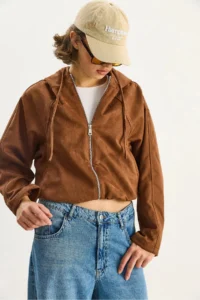 Bianco Lucci Women's Hooded Zippered Pocket Detailed Lined Suede Bomber Jacket 6912 - Image 3
