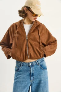 Bianco Lucci Women's Hooded Zippered Pocket Detailed Lined Suede Bomber Jacket 6912 - Image 4