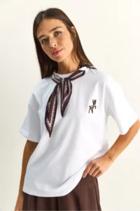 Bianco Lucci Women's Gazelle Embroidered Basic Casual T-Shirt with Scarf 7517 - Image 6