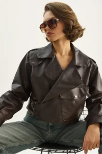Bianco Lucci Women's Wide Pocket Detailed Belted Oversize Crop Leather Jacket 3129