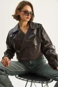 Bianco Lucci Women's Wide Pocket Detailed Belted Oversize Crop Leather Jacket 3129 - Image 2