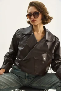 Bianco Lucci Women's Wide Pocket Detailed Belted Oversize Crop Leather Jacket 3129 - Image 3