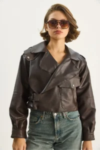 Bianco Lucci Women's Wide Pocket Detailed Belted Oversize Crop Leather Jacket 3129 - Image 5