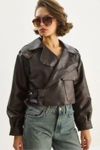Bianco Lucci Women's Wide Pocket Detailed Belted Oversize Crop Leather Jacket 3129 - Image 6