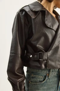 Bianco Lucci Women's Wide Pocket Detailed Belted Oversize Crop Leather Jacket 3129 - Image 7