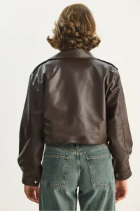 Bianco Lucci Women's Wide Pocket Detailed Belted Oversize Crop Leather Jacket 3129 - Image 8