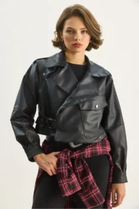 Bianco Lucci Women's Wide Pocket Detailed Belted Oversize Crop Leather Jacket 3129 - Image 2