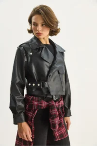Bianco Lucci Women's Wide Pocket Detailed Belted Oversize Crop Leather Jacket 3129 - Image 3