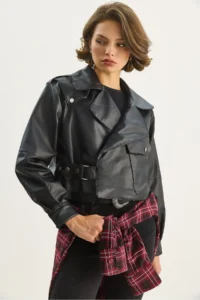 Bianco Lucci Women's Wide Pocket Detailed Belted Oversize Crop Leather Jacket 3129 - Image 4
